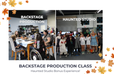 Students working backstage with lights, sets, and props at JDS Creative Academy