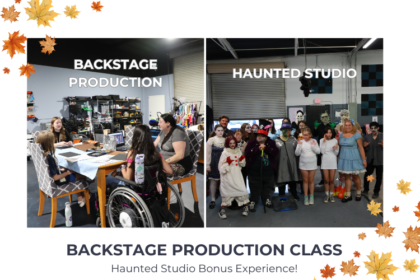Students working backstage with lights, sets, and props at JDS Creative Academy