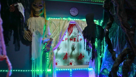 JDS Creative Academy students creating a haunted theater experience, learning lighting, sound, and storytelling skills during Halloween.