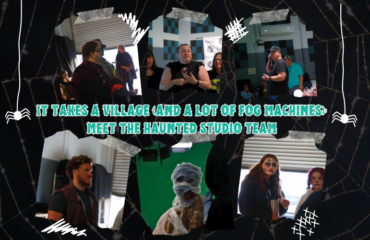 Haunted Studio team setting up fog machines and Halloween decorations at JDS Creative Academy.