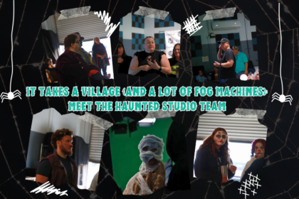 Haunted Studio team setting up fog machines and Halloween decorations at JDS Creative Academy.