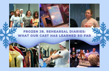 Frozen Jr cast rehearsing on stage, practicing dance and singing together