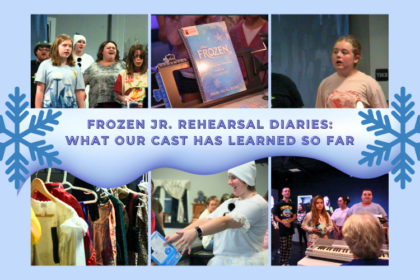 Frozen Jr cast rehearsing on stage, practicing dance and singing together