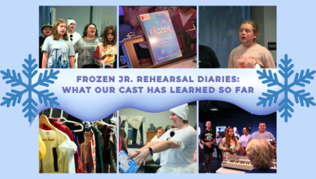 Frozen Jr cast rehearsing on stage, practicing dance and singing together