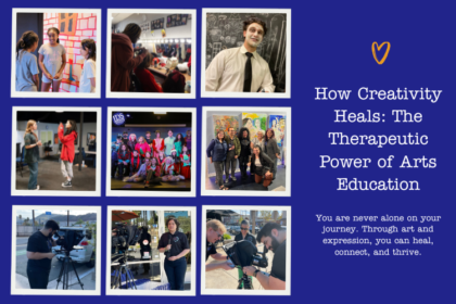 Diverse students engaging in visual arts, performing arts, and digital media projects, expressing creativity, confidence, and collaboration in an inclusive classroom environment