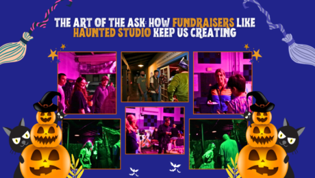 Guests enjoying Haunted Studio fundraiser event celebrating creativity and community