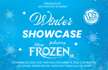 DS Creative Academy students performing in Frozen Jr., showcasing costumes, stage set, and excitement.