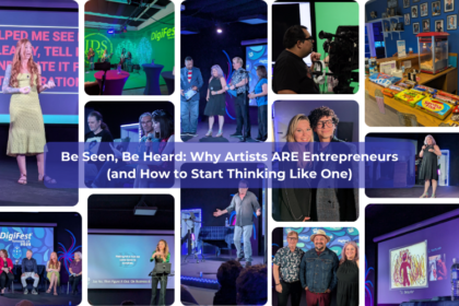 Emerging artist confidently presenting their work at a digital arts festival