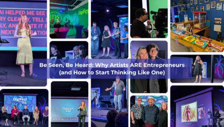 Emerging artist confidently presenting their work at a digital arts festival